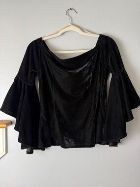 Boston Proper Black Velvet Off-Shoulder Bell Sleeve Blouse. Gorgeous